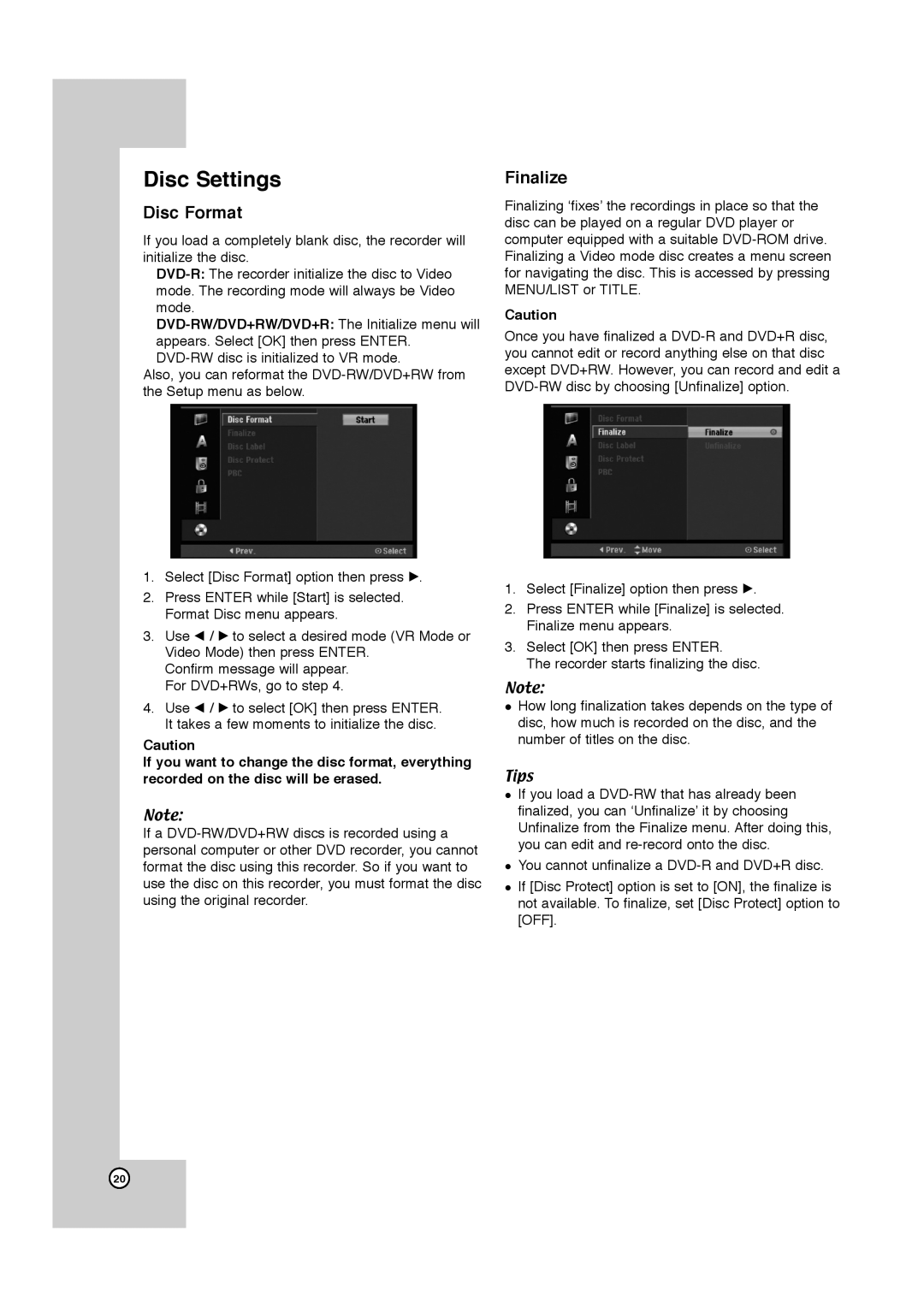 JVC LPT1132-001A manual Disc Settings, Disc Format, Finalize 