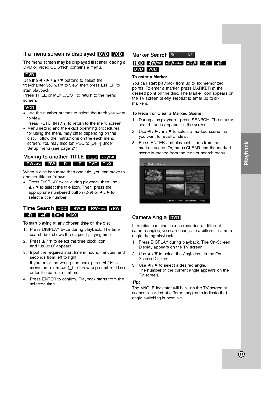 JVC LPT1132-001A If a menu screen is displayed DVD VCD, Moving to another Title HDD -RWVR, Marker Search, Camera Angle DVD 