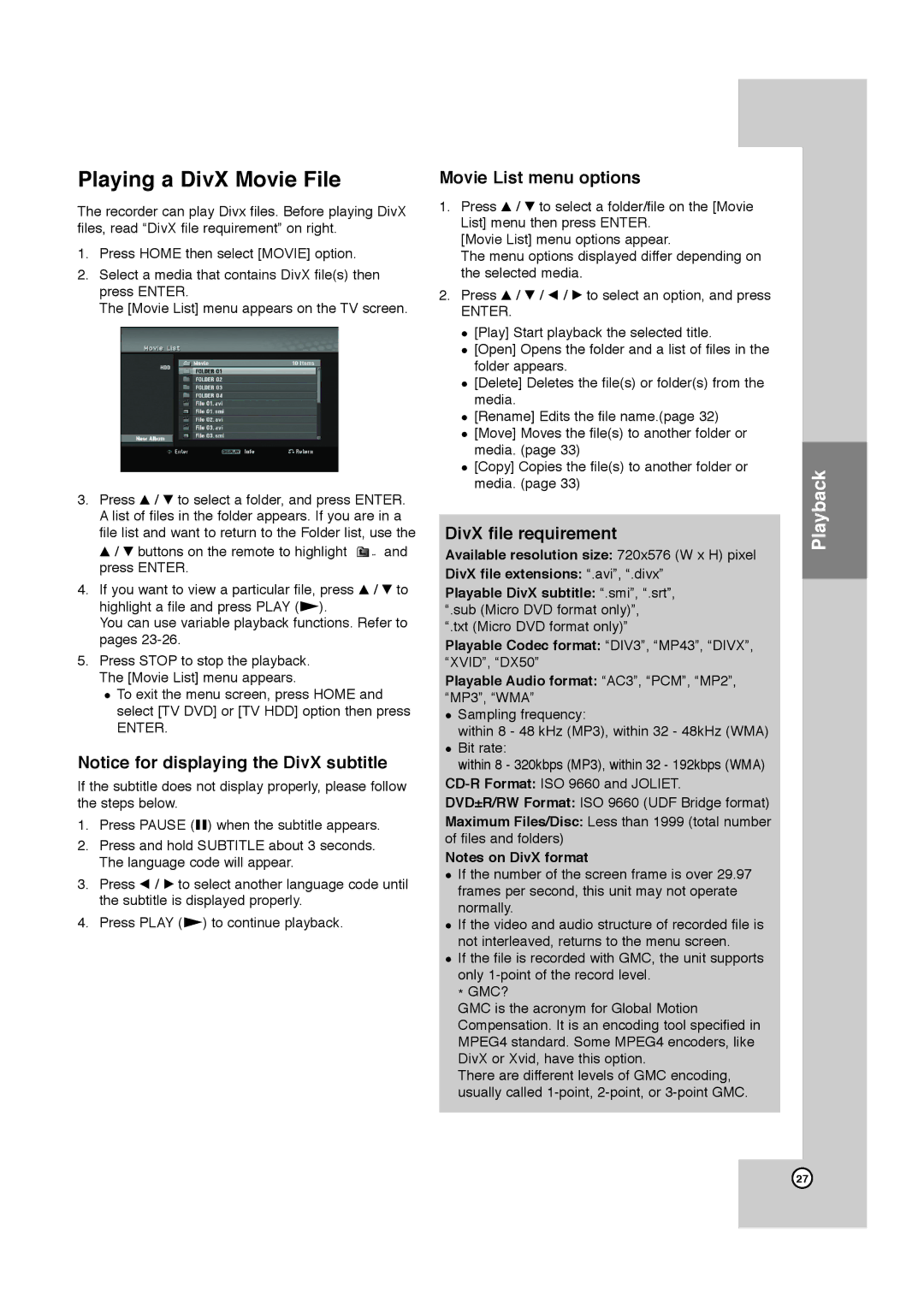 JVC LPT1132-001A manual Playing a DivX Movie File, Movie List menu options, DivX file requirement 