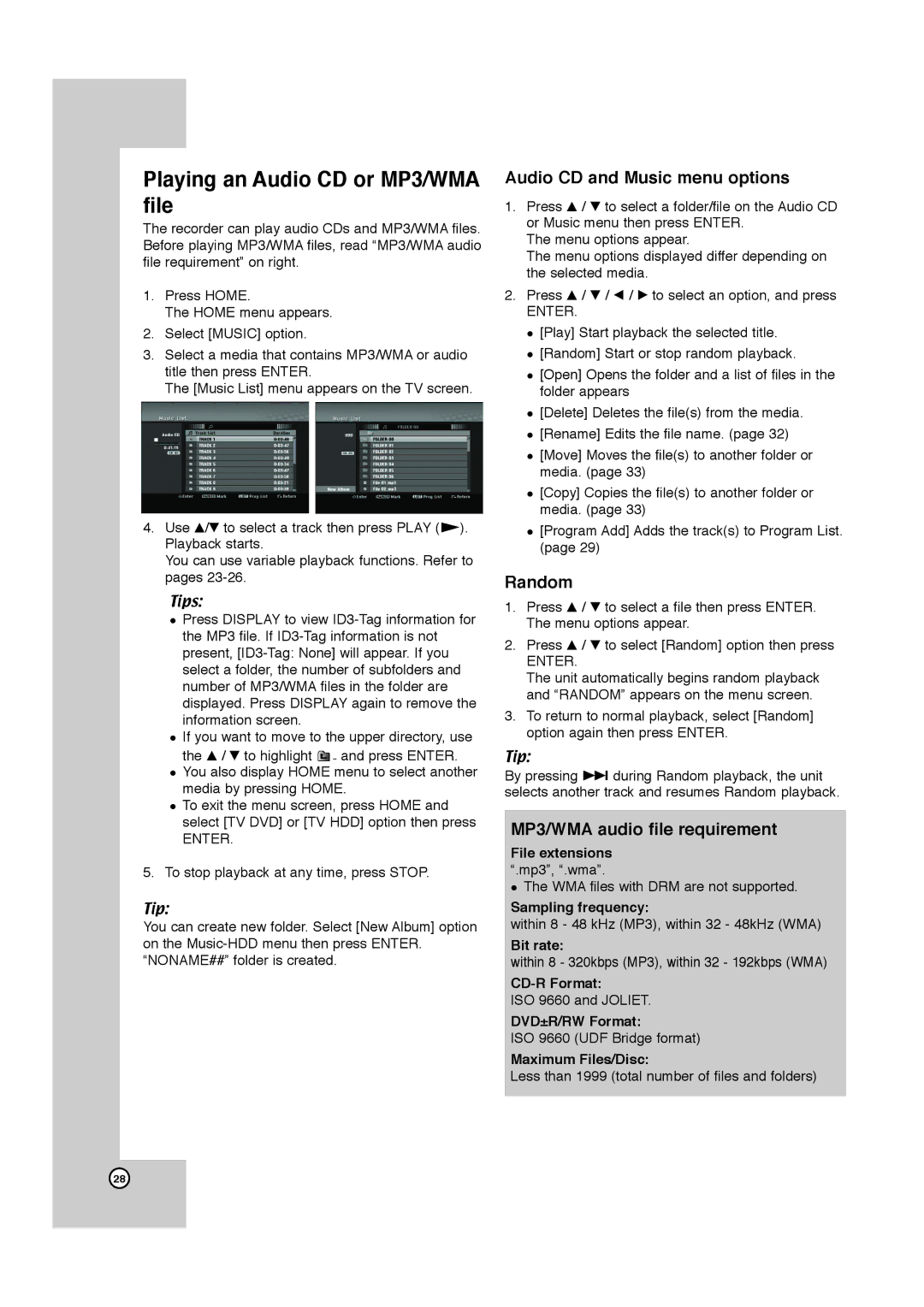 JVC LPT1132-001A manual Playing an Audio CD or MP3/WMA file, Audio CD and Music menu options, Random 