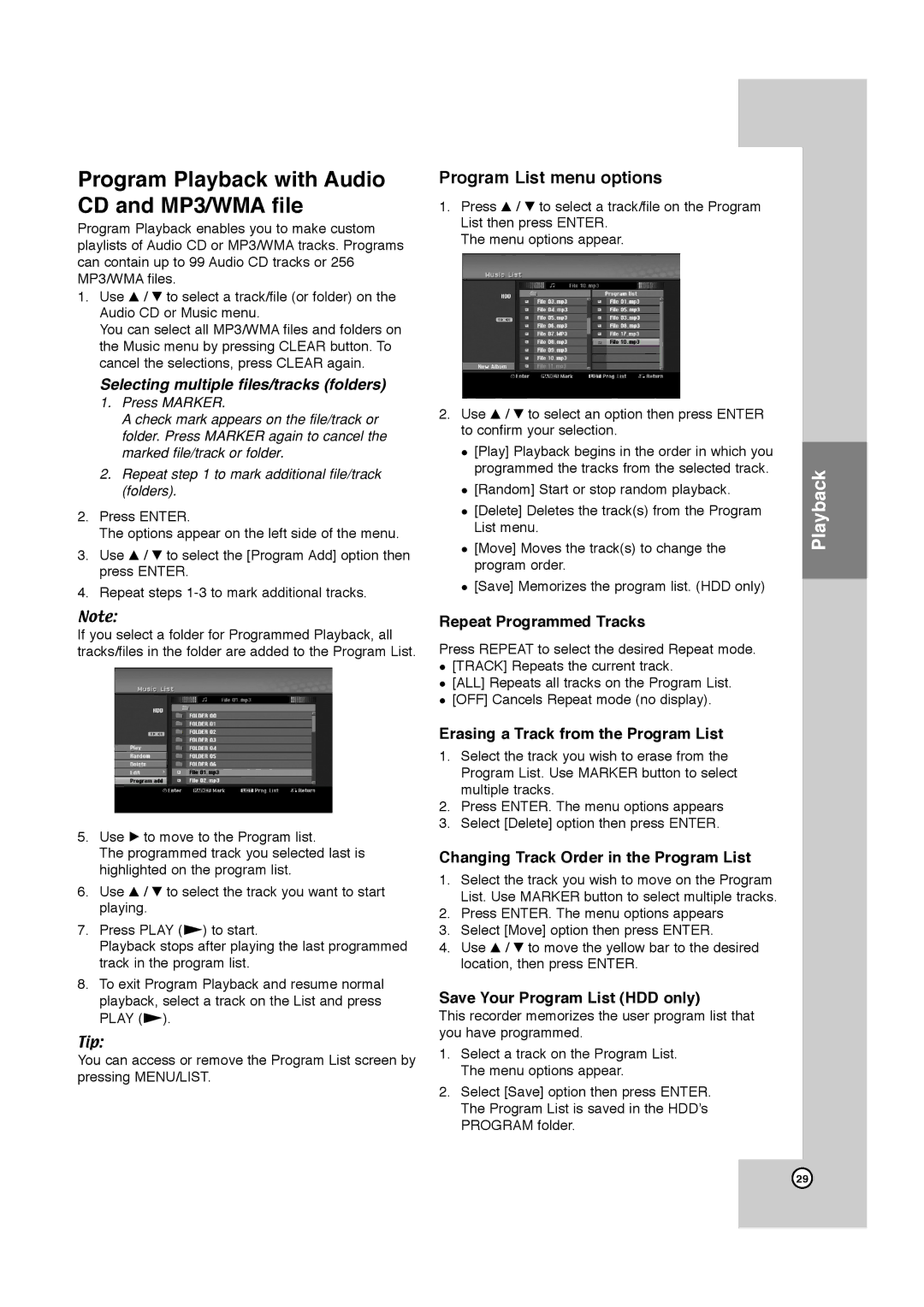 JVC LPT1132-001A manual Program Playback with Audio CD and MP3/WMA file, Program List menu options 