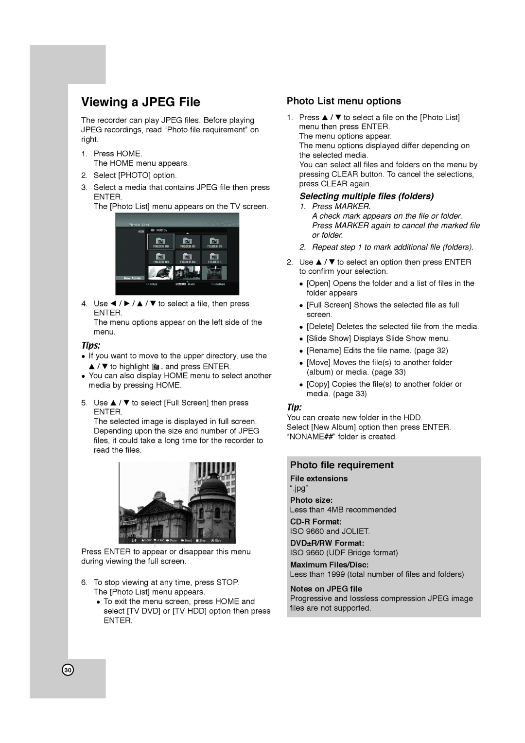 JVC LPT1132-001A manual Viewing a Jpeg File, Photo List menu options, Photo file requirement, File extensions, Photo size 