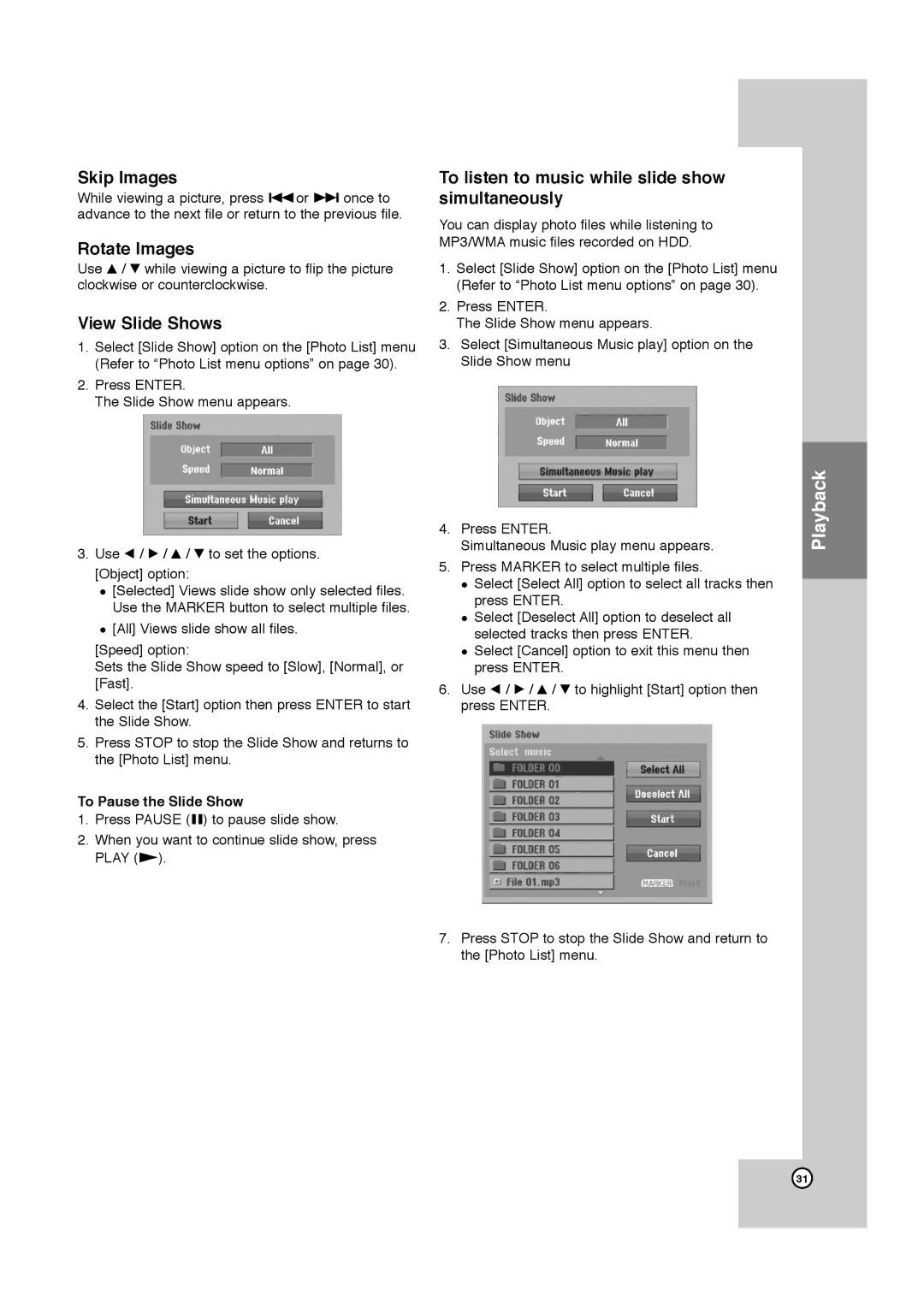 JVC LPT1132-001A manual Skip Images, Rotate Images, View Slide Shows, To listen to music while slide show simultaneously 