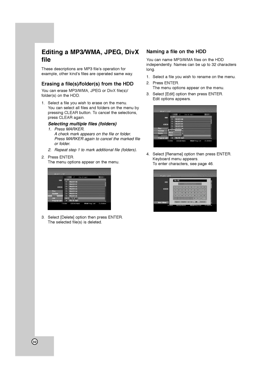 JVC LPT1132-001A manual Editing a MP3/WMA, JPEG, DivX file, Erasing a files/folders from the HDD, Naming a file on the HDD 