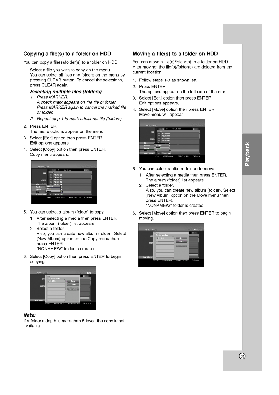 JVC LPT1132-001A manual Copying a files to a folder on HDD, Moving a files to a folder on HDD 