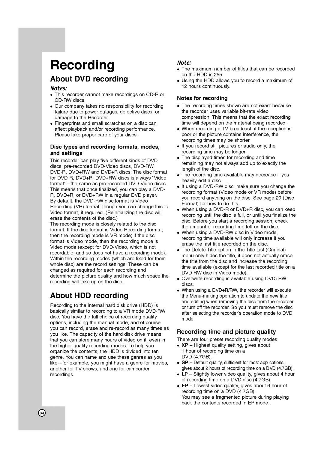 JVC LPT1132-001A manual About DVD recording, About HDD recording, Recording time and picture quality 