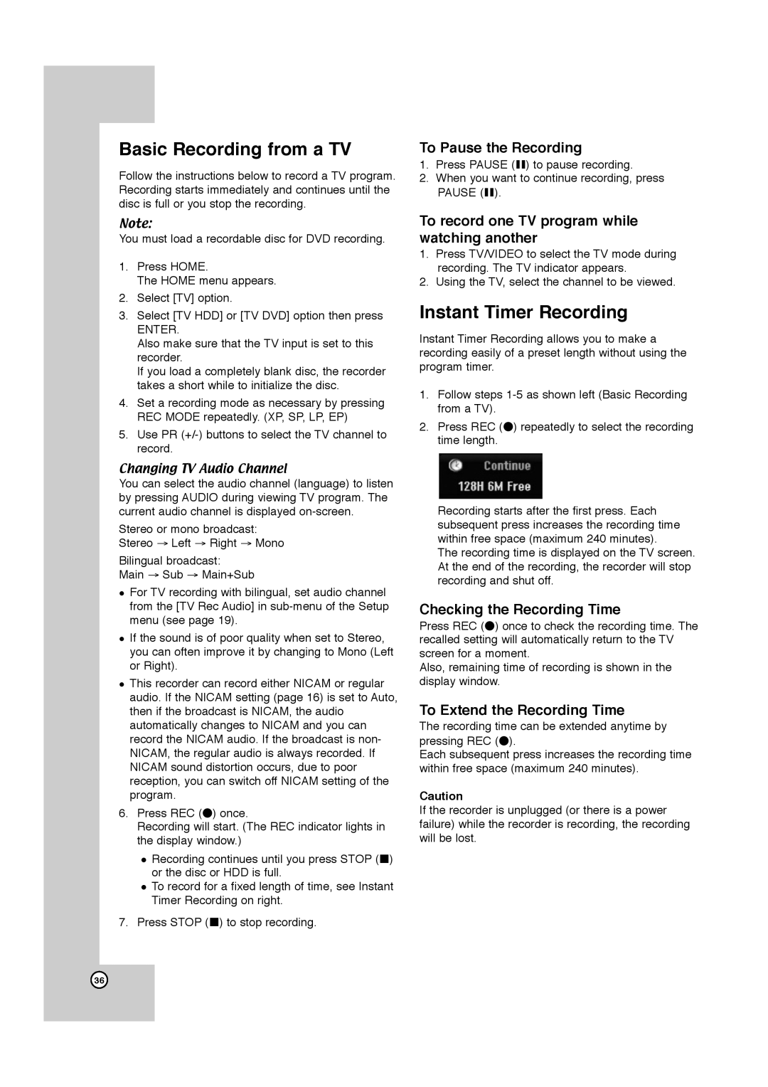 JVC LPT1132-001A manual Basic Recording from a TV, Instant Timer Recording 