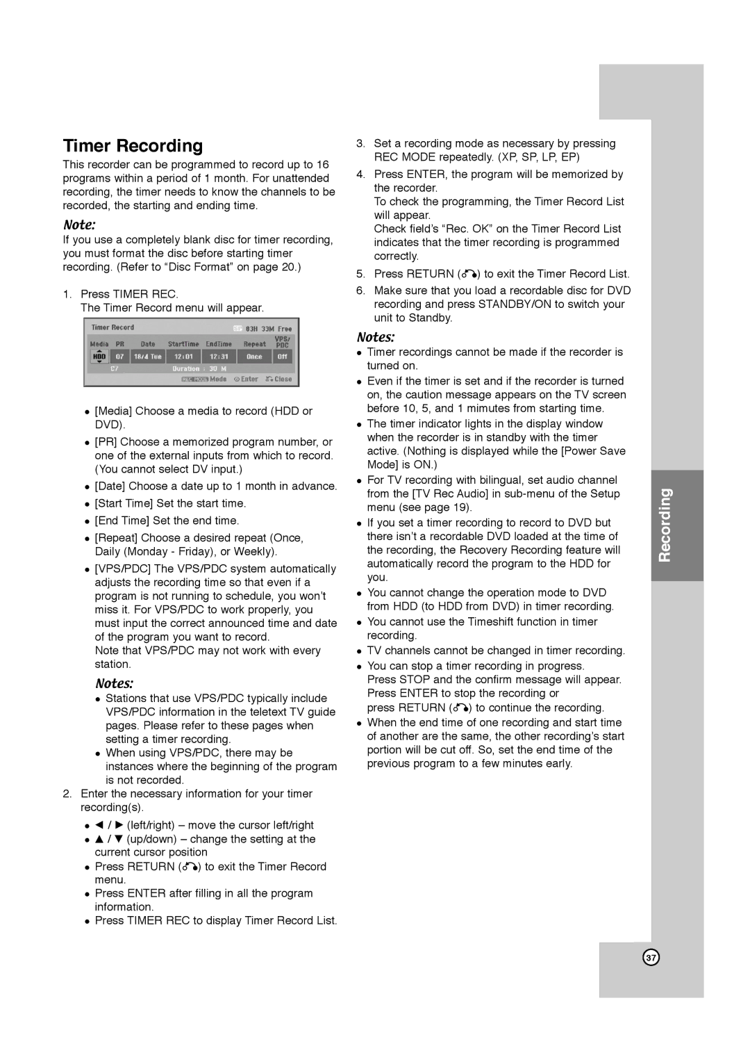 JVC LPT1132-001A manual Timer Recording 