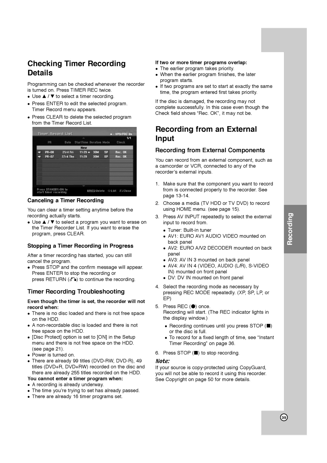 JVC LPT1132-001A manual Checking Timer Recording Details, Recording from an External Input, Timer Recording Troubleshooting 