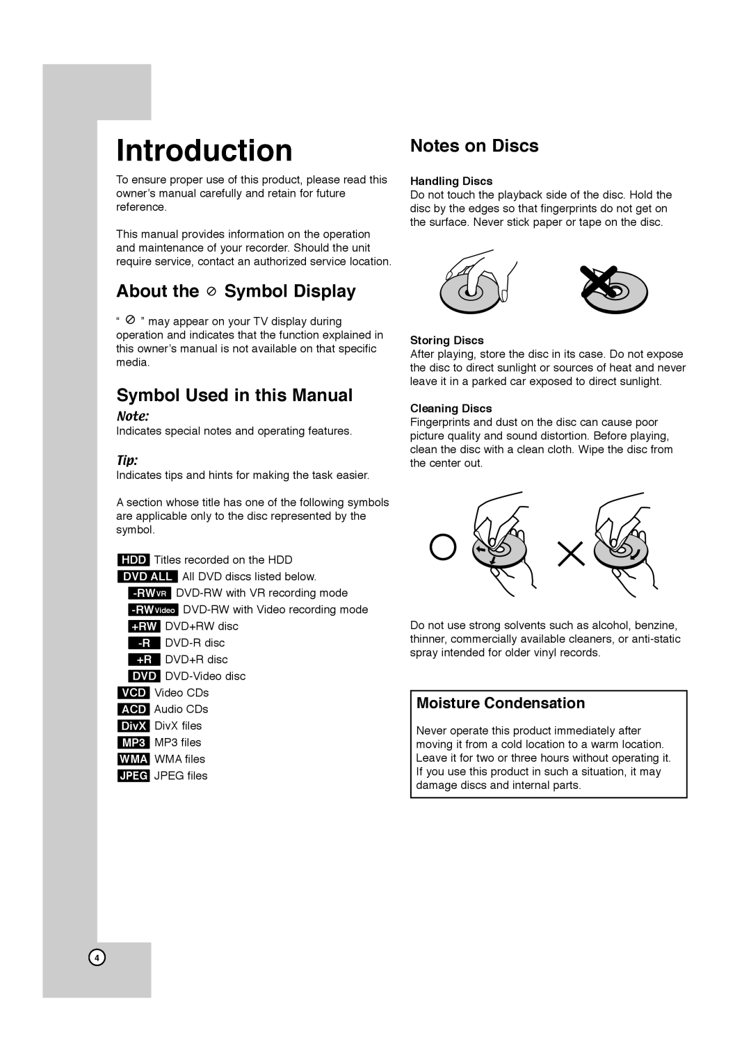 JVC LPT1132-001A manual Introduction, About the Symbol Display Symbol Used in this Manual, Handling Discs, Storing Discs 