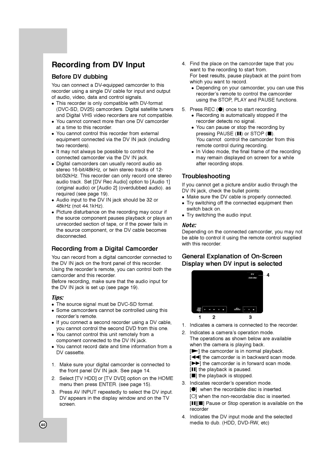 JVC LPT1132-001A manual Recording from DV Input, Before DV dubbing, Recording from a Digital Camcorder, Troubleshooting 