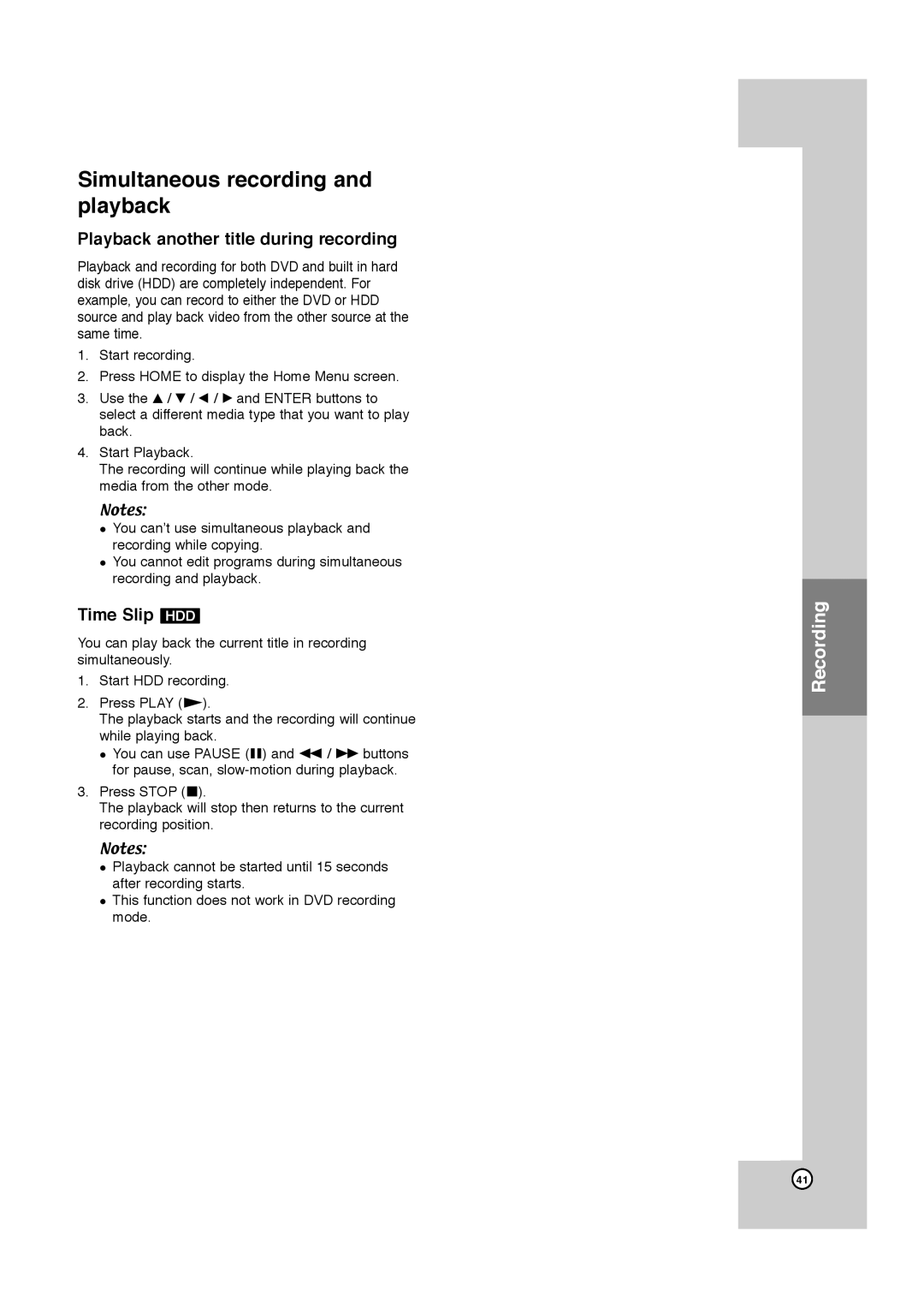 JVC LPT1132-001A manual Simultaneous recording and playback, Playback another title during recording, Time Slip HDD 