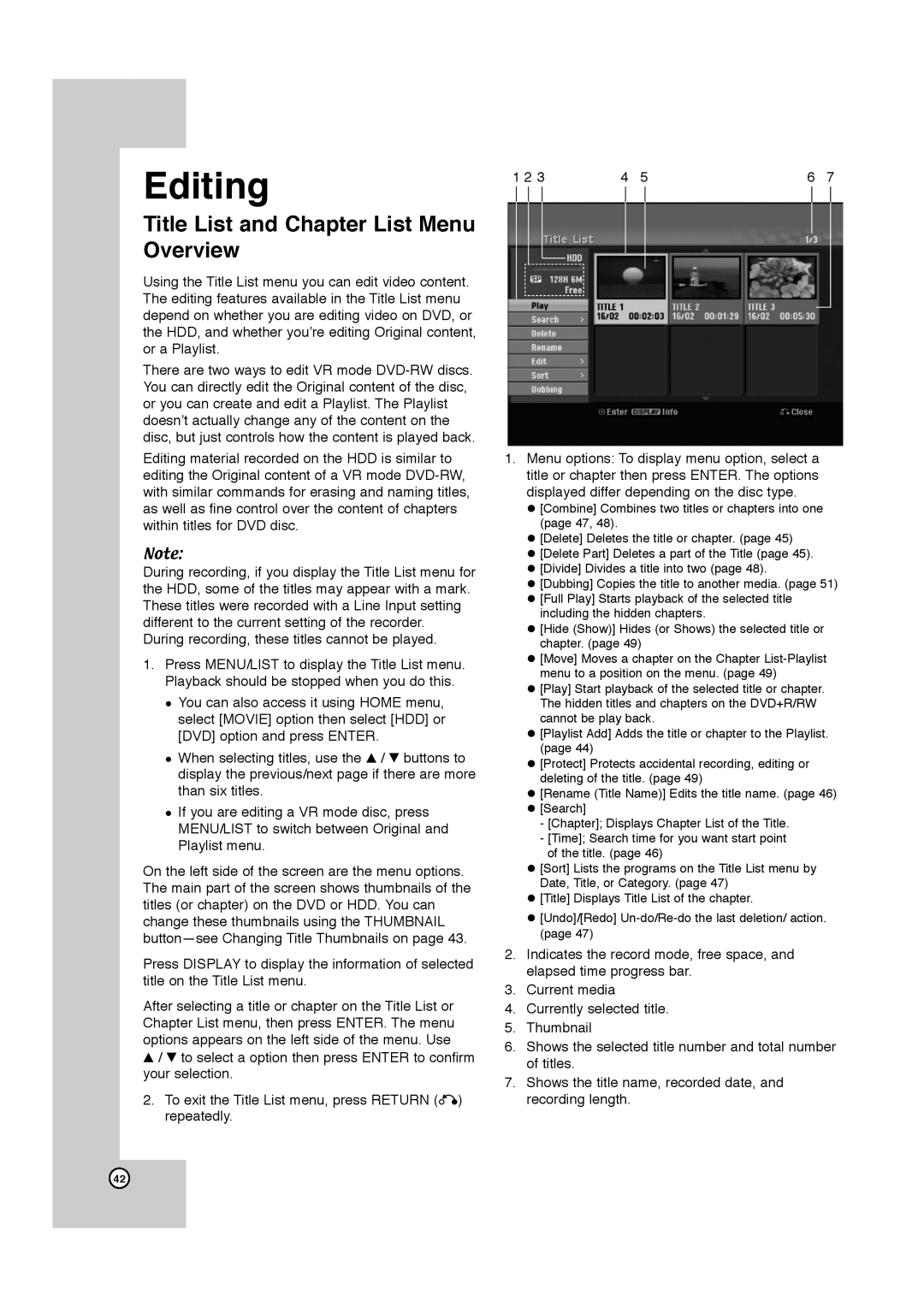 JVC LPT1132-001A manual Editing, Title List and Chapter List Menu Overview 