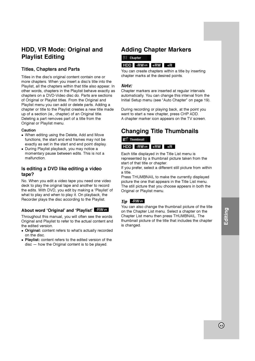 JVC LPT1132-001A manual HDD, VR Mode Original and Playlist Editing, Adding Chapter Markers, Changing Title Thumbnails 