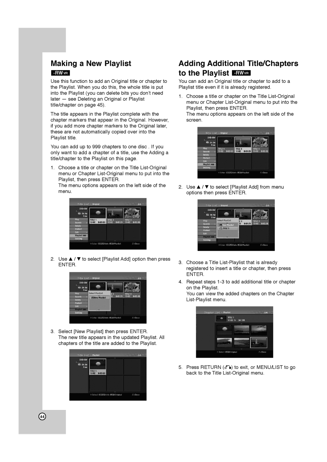 JVC LPT1132-001A manual Making a New Playlist, Adding Additional Title/Chapters to the Playlist -RWVR 