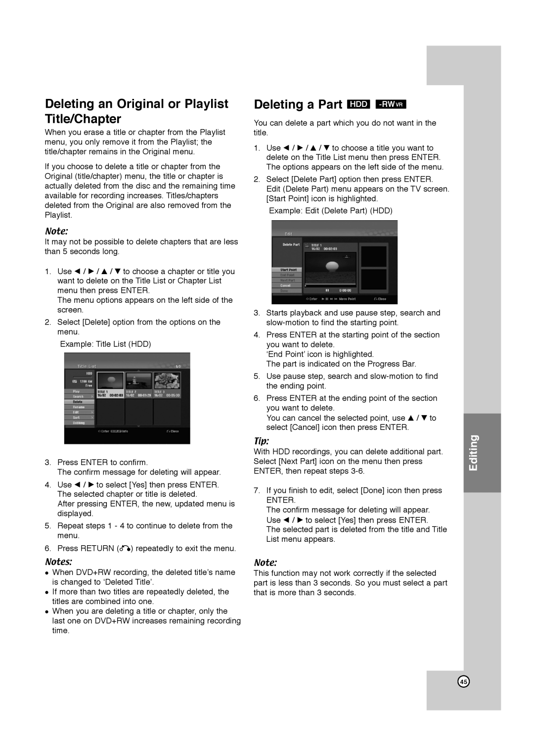 JVC LPT1132-001A manual Deleting an Original or Playlist Title/Chapter, Deleting a Part HDD -RWVR 