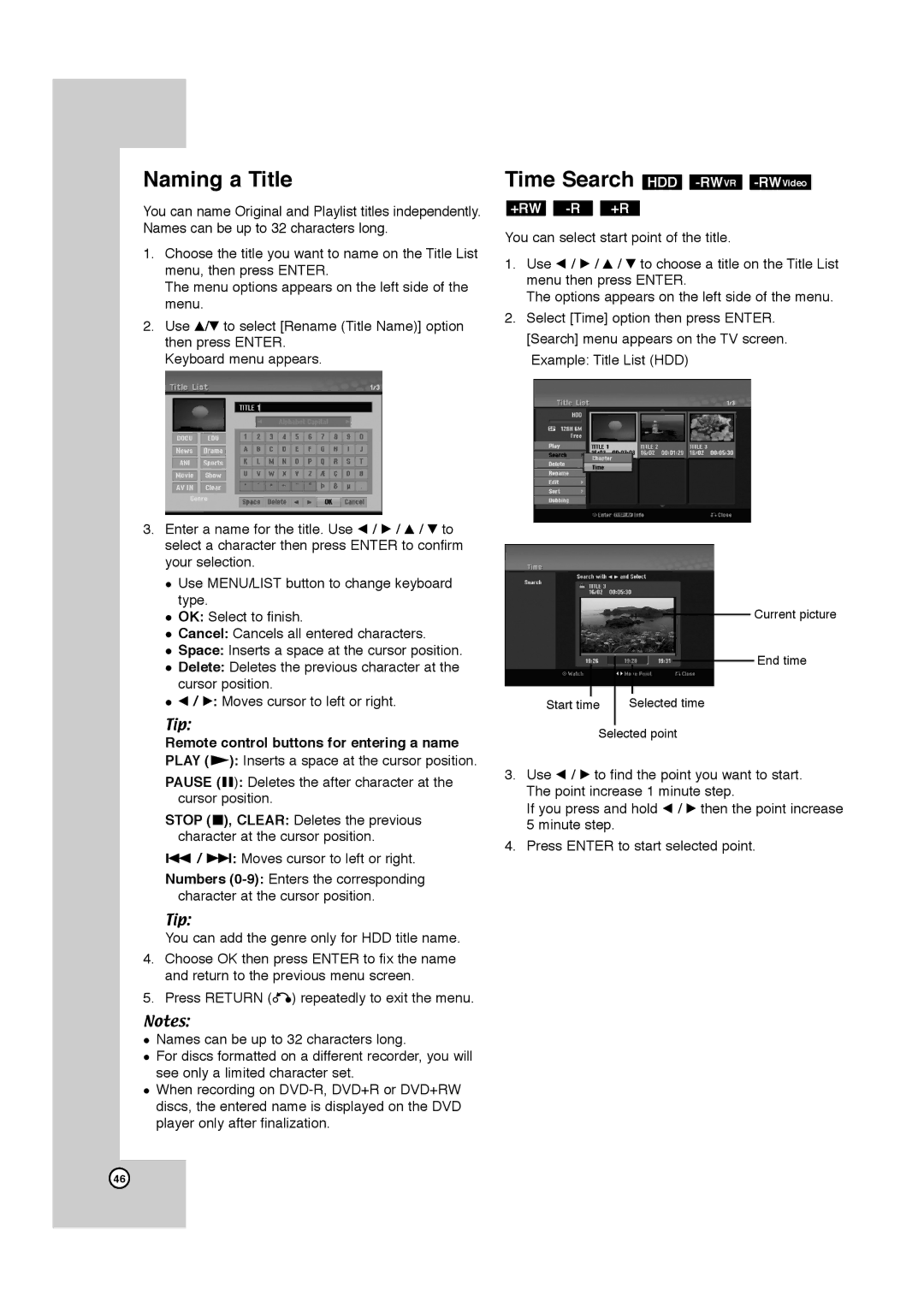 JVC LPT1132-001A manual Naming a Title, Time Search HDD -RWVR-RWVideo 