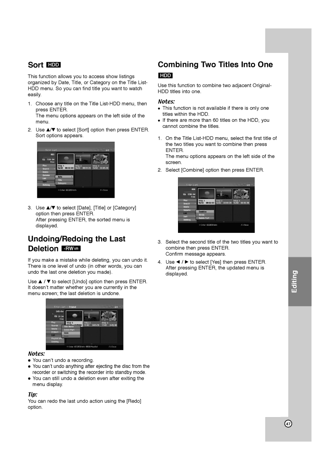 JVC LPT1132-001A manual Sort HDD, Undoing/Redoing the Last Deletion -RWVR, Combining Two Titles Into One 