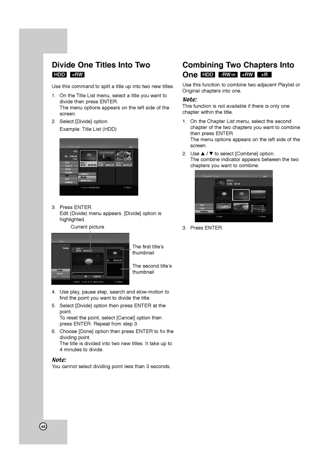 JVC LPT1132-001A manual Divide One Titles Into Two, Combining Two Chapters Into 