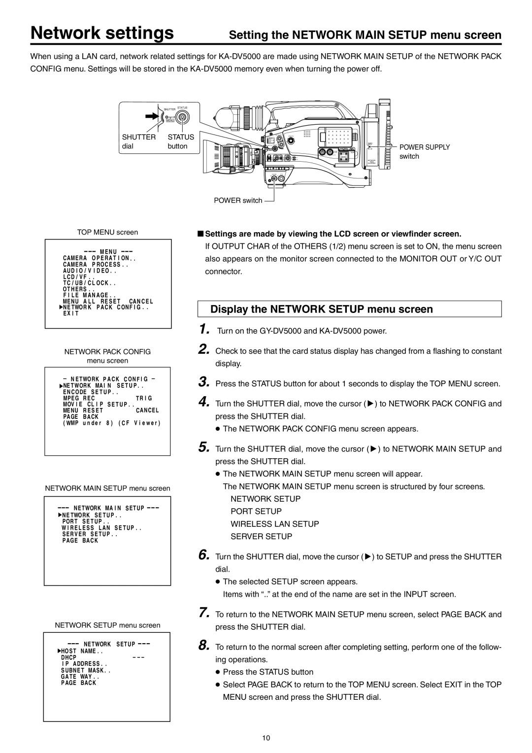 JVC LST0103-001B manual Network settings, Setting the Network Main Setup menu screen, Display the Network Setup menu screen 