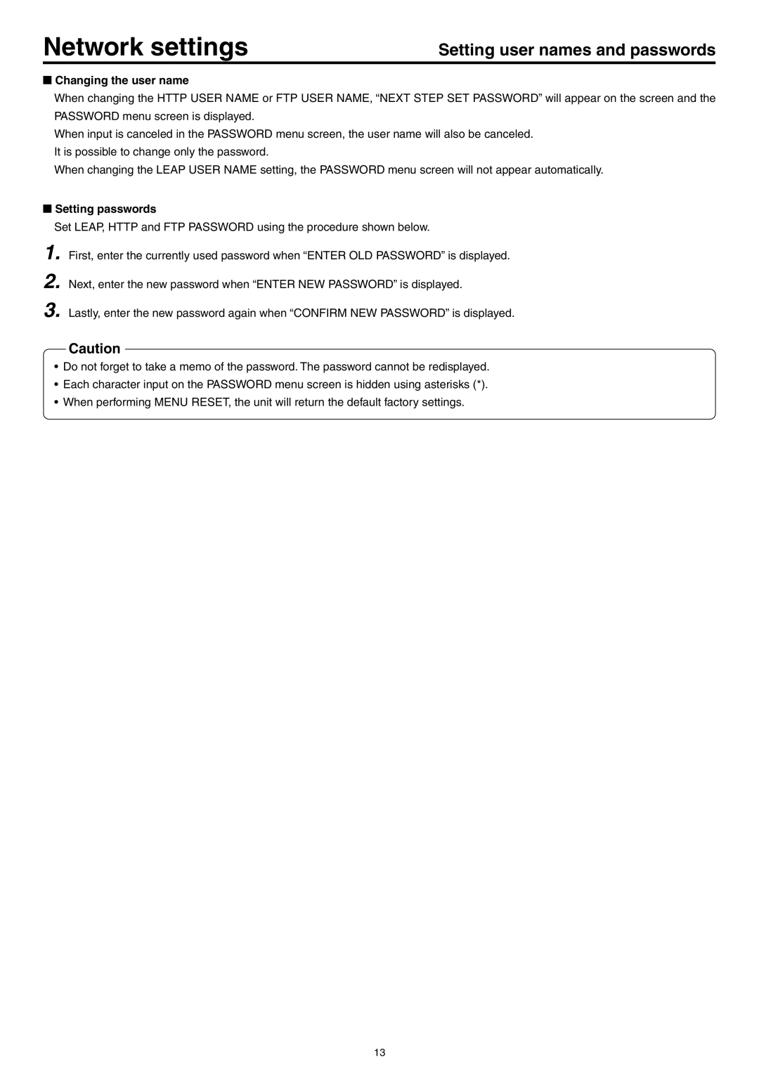 JVC LST0103-001B manual Setting user names and passwords, Changing the user name, Setting passwords 