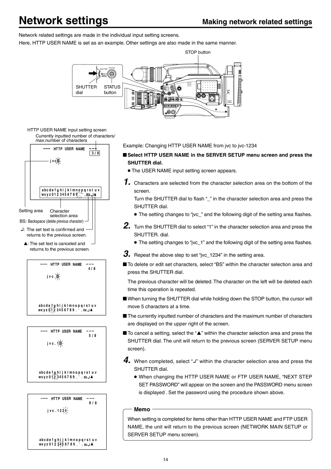 JVC LST0103-001B manual Making network related settings, Stop button, Setting area Character 