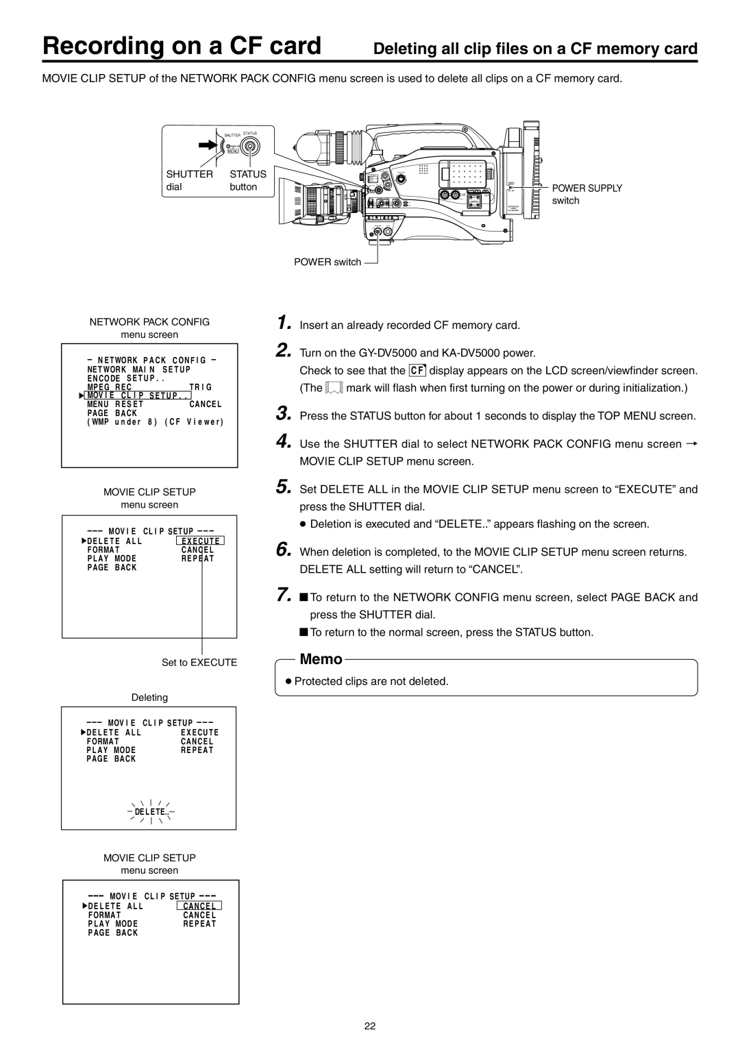 JVC LST0103-001B manual Deleting all clip files on a CF memory card, Set to Execute Deleting 