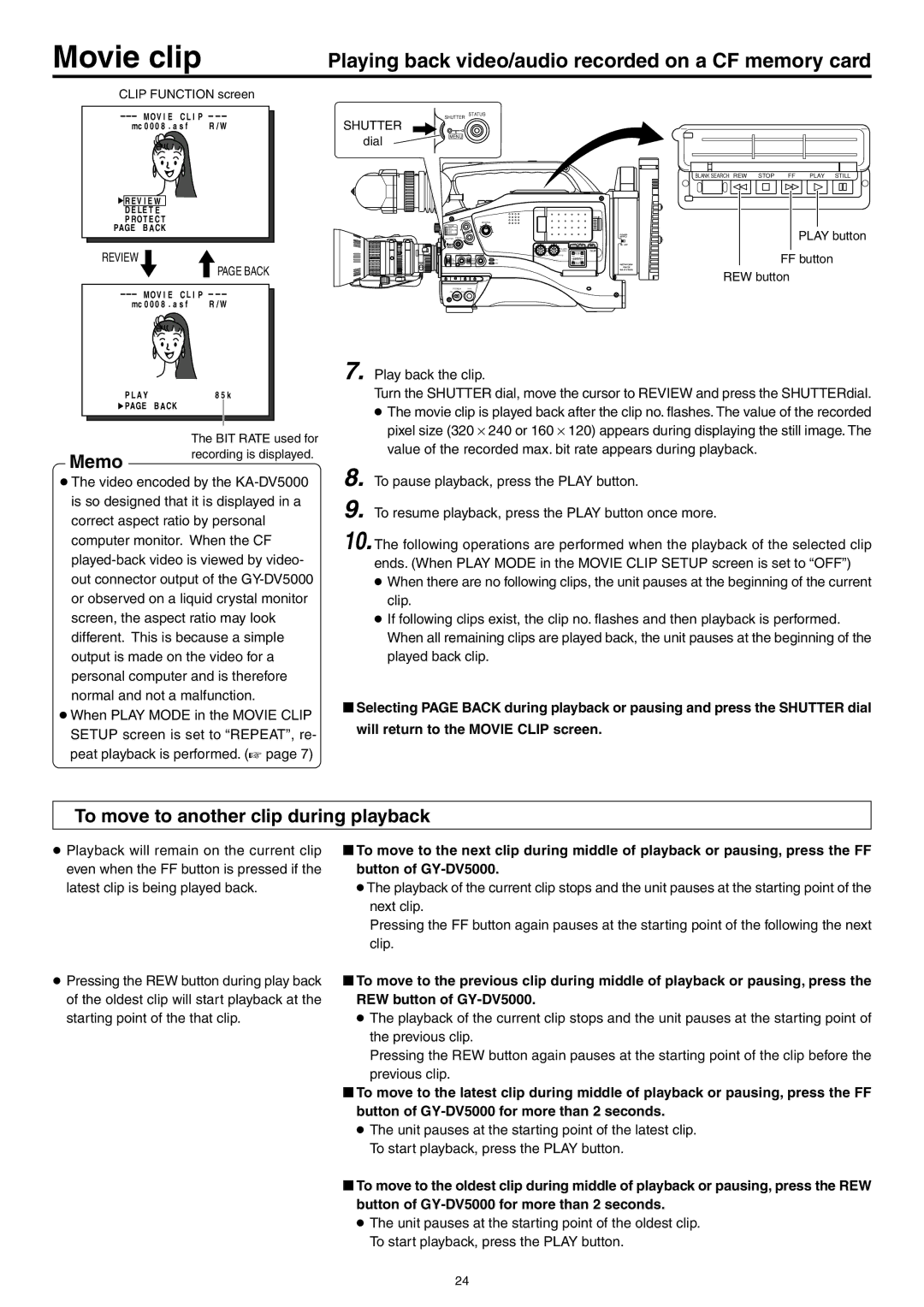 JVC LST0103-001B manual To move to another clip during playback, Button of GY-DV5000, REW button of GY-DV5000, Dial 