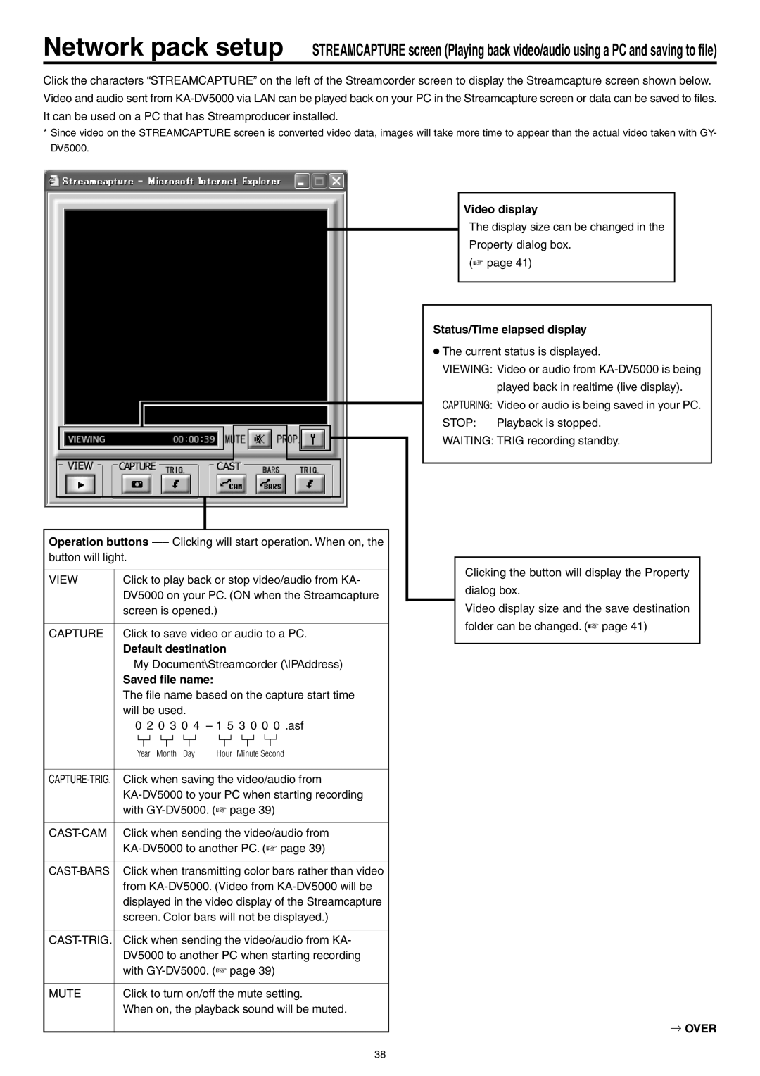 JVC LST0103-001B manual Default destination, Saved file name, Video display, Status/Time elapsed display 