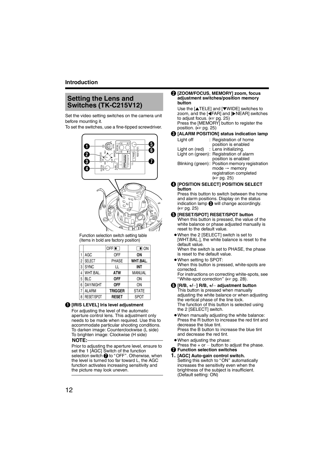 JVC LST0420-001B manual Setting the Lens and Switches TK-C215V12, Alarm Position status indication lamp 