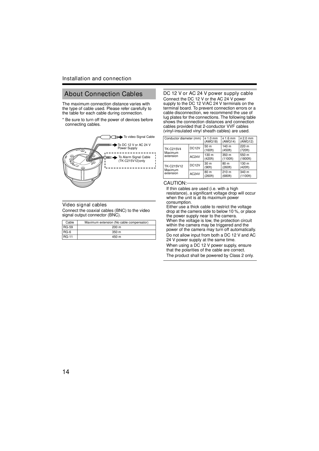 JVC LST0420-001B manual About Connection Cables, Video signal cables, DC 12 V or AC 24 V power supply cable 