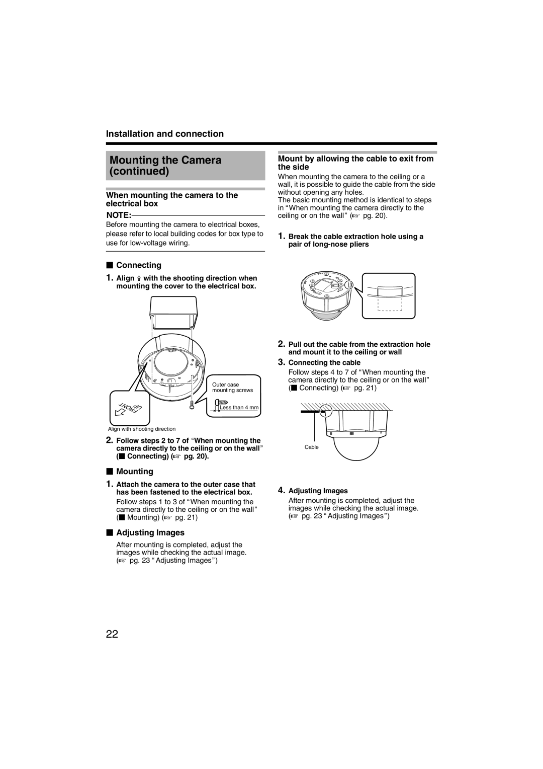 JVC LST0420-001B manual When mounting the camera to the electrical box, Mount by allowing the cable to exit from the side 