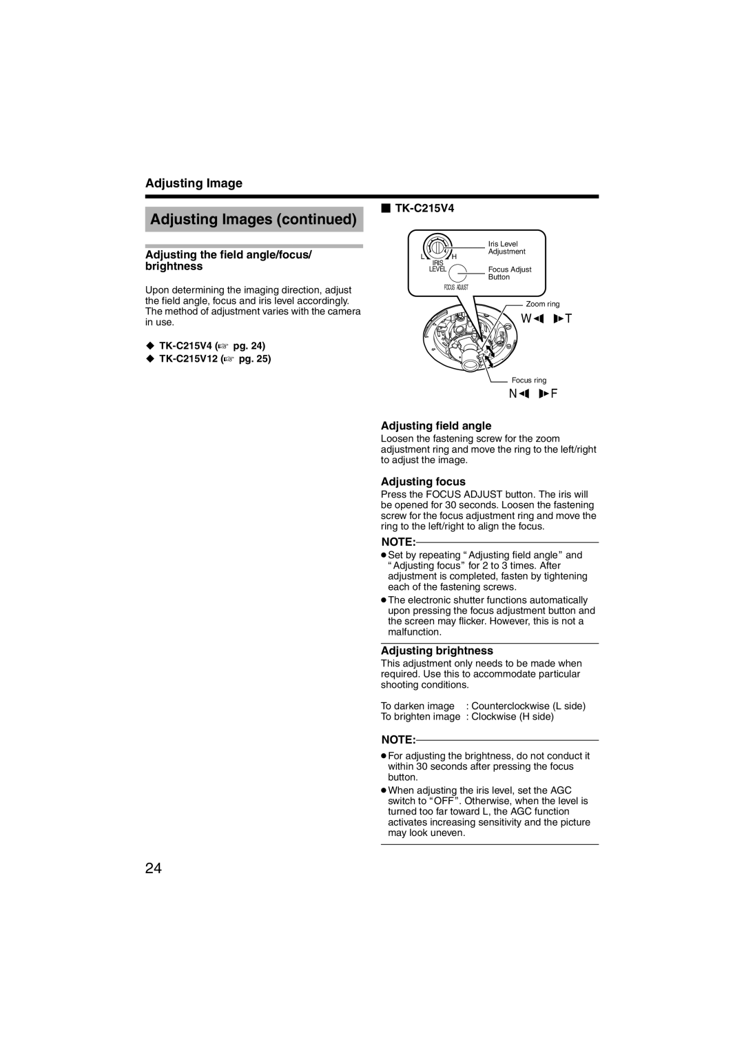 JVC LST0420-001B manual Adjusting the field angle/focus/ brightness  TK-C215V4, Adjusting field angle, Adjusting focus 