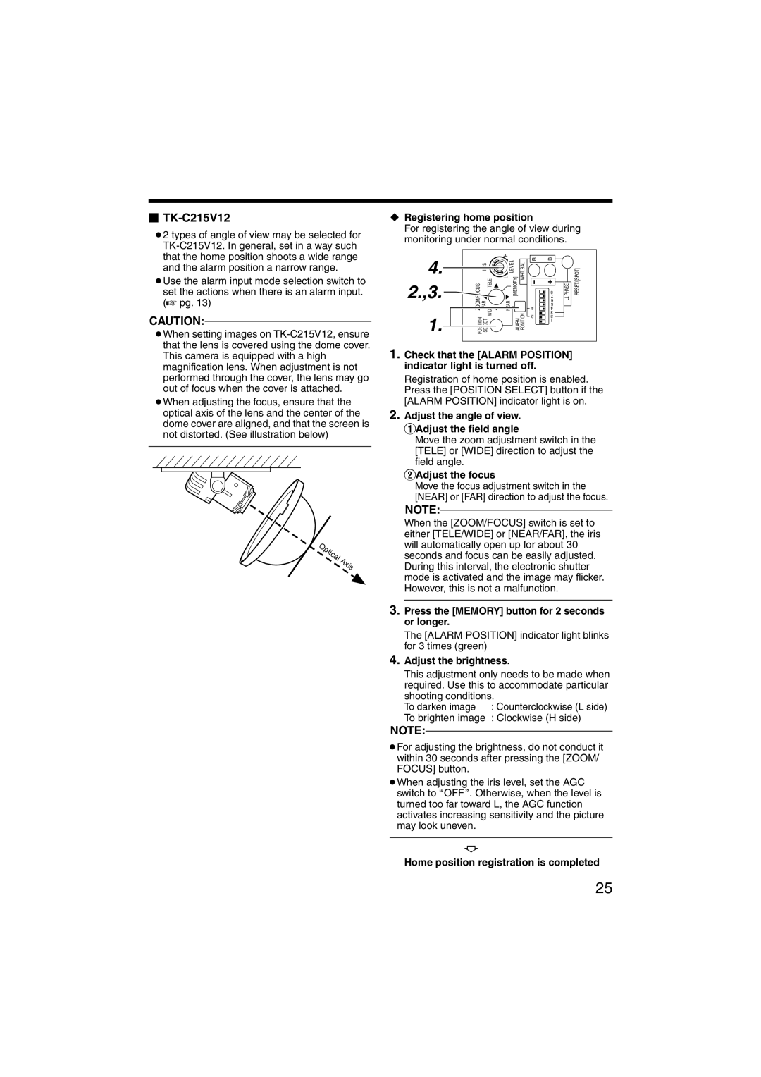 JVC LST0420-001B manual  TK-C215V12, ‹ Registering home position, BAdjust the focus, Adjust the brightness 