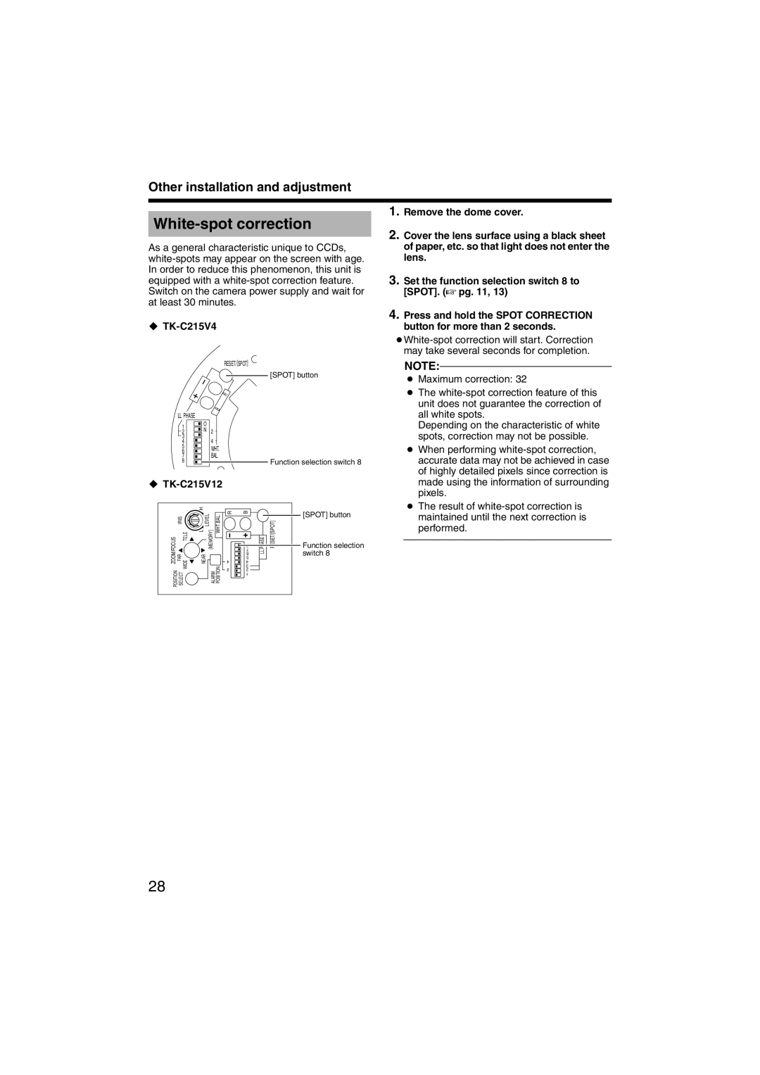 JVC LST0420-001B manual White-spot correction, ‹ TK-C215V4, ‹ TK-C215V12 