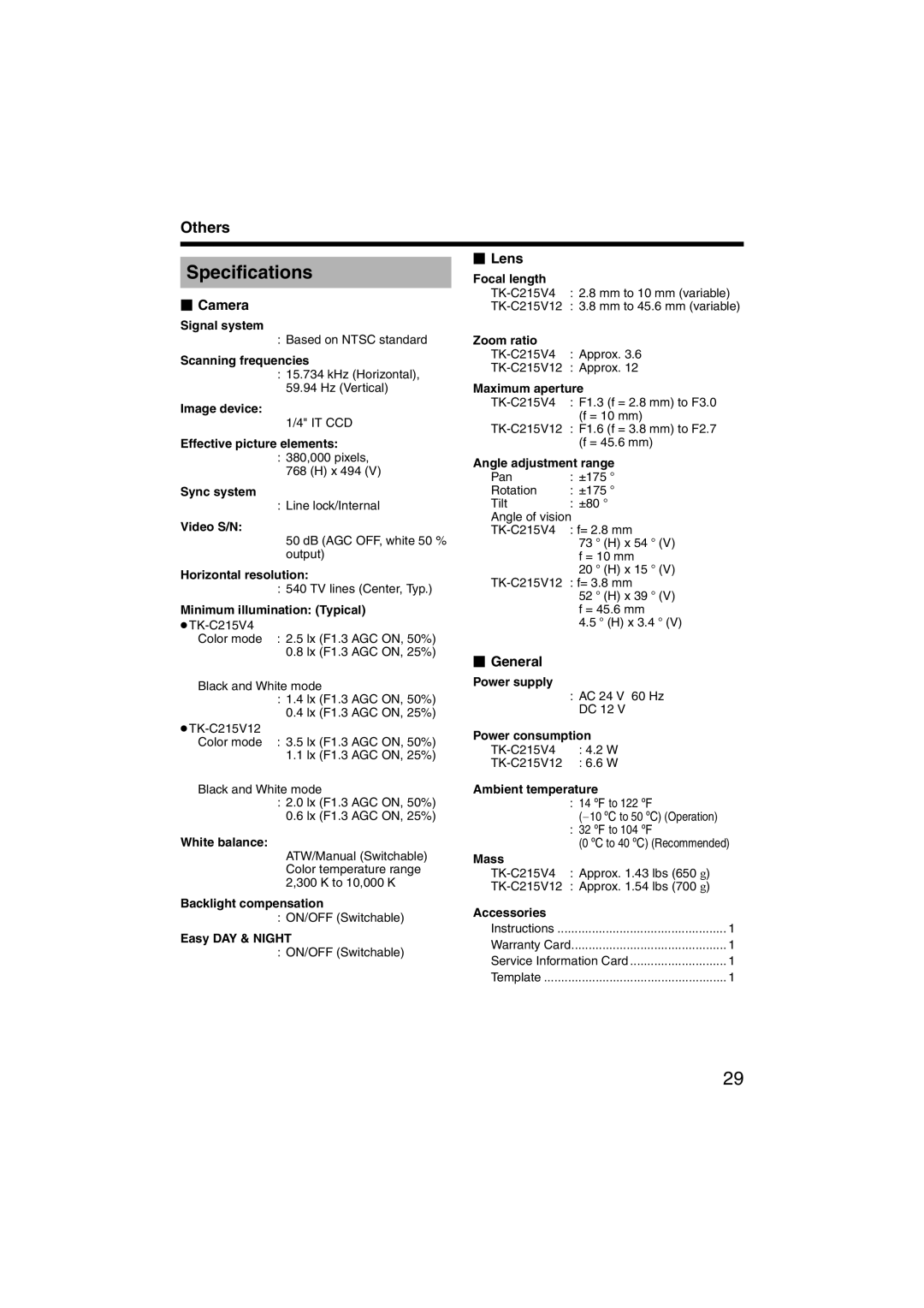 JVC LST0420-001B manual Specifications,  Camera,  Lens,  General 