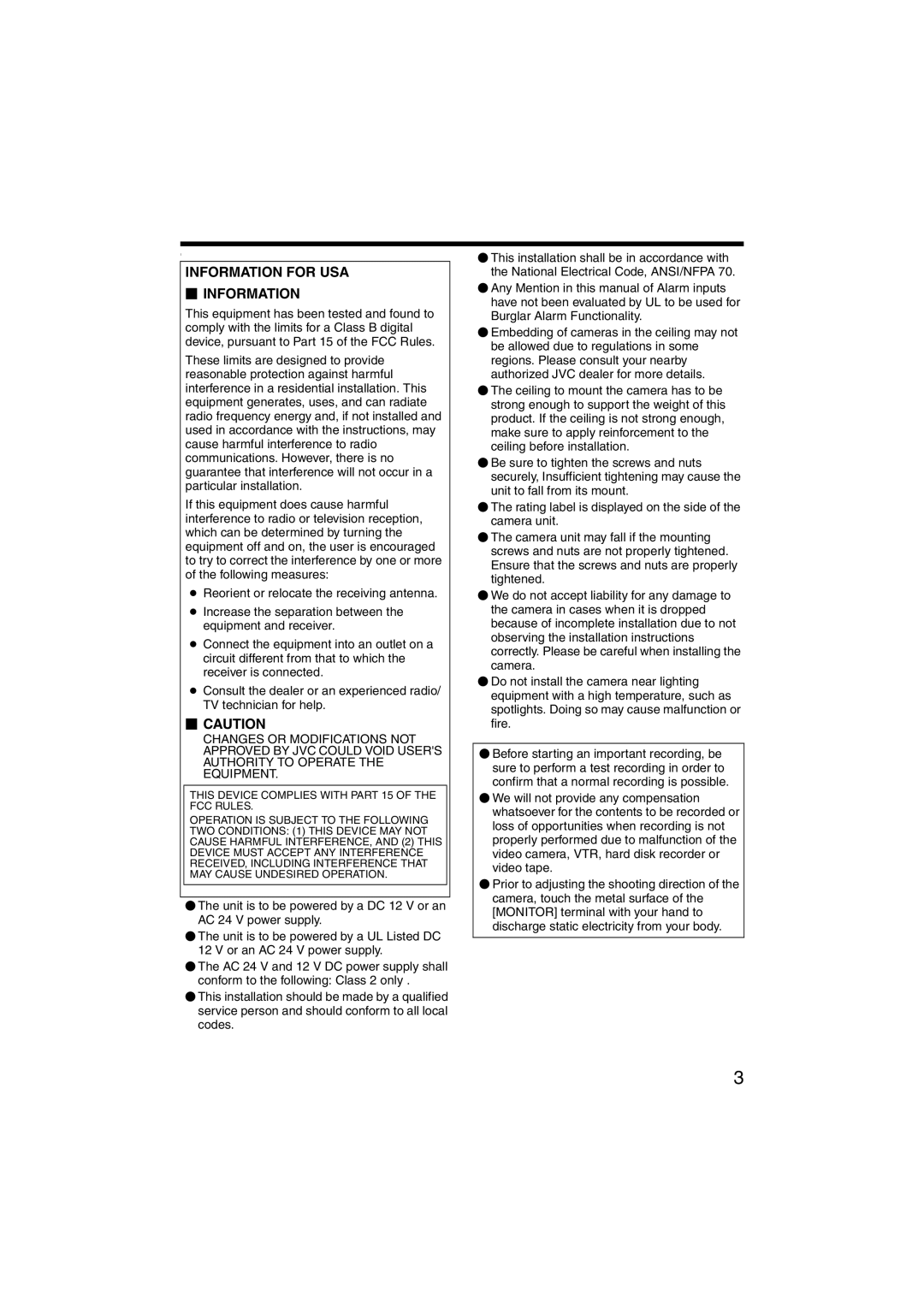 JVC LST0420-001B manual Information for USA  Information 