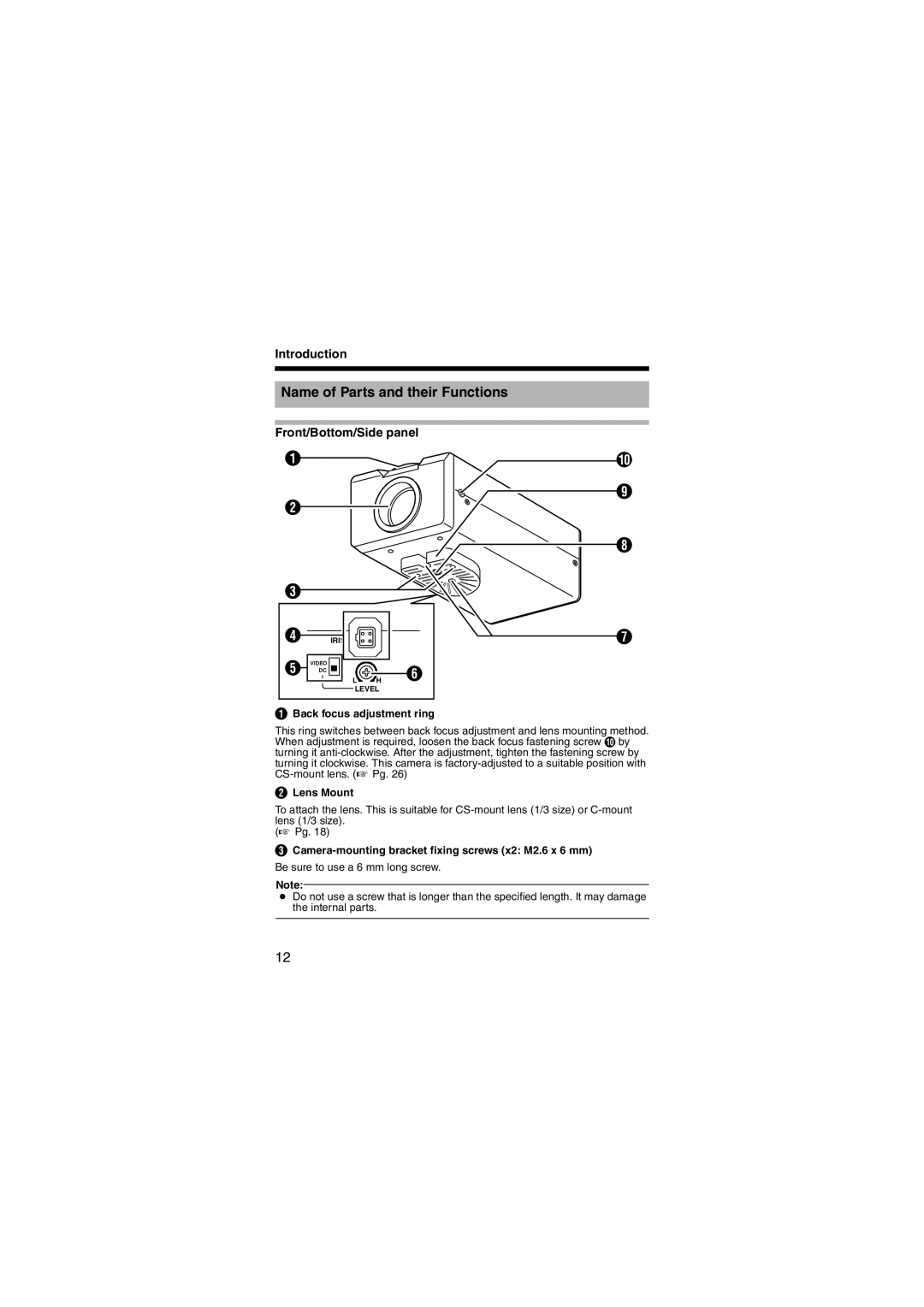 JVC LST0450-001B manual Name of Parts and their Functions, Front/Bottom/Side panel, Back focus adjustment ring, Lens Mount 