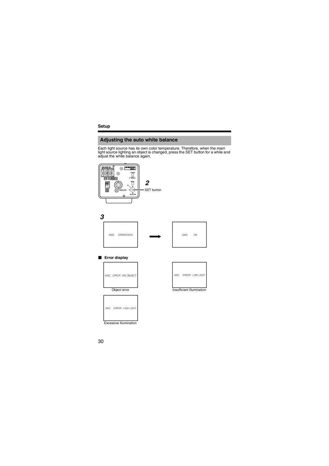 JVC LST0450-001B manual Adjusting the auto white balance,  Error display 