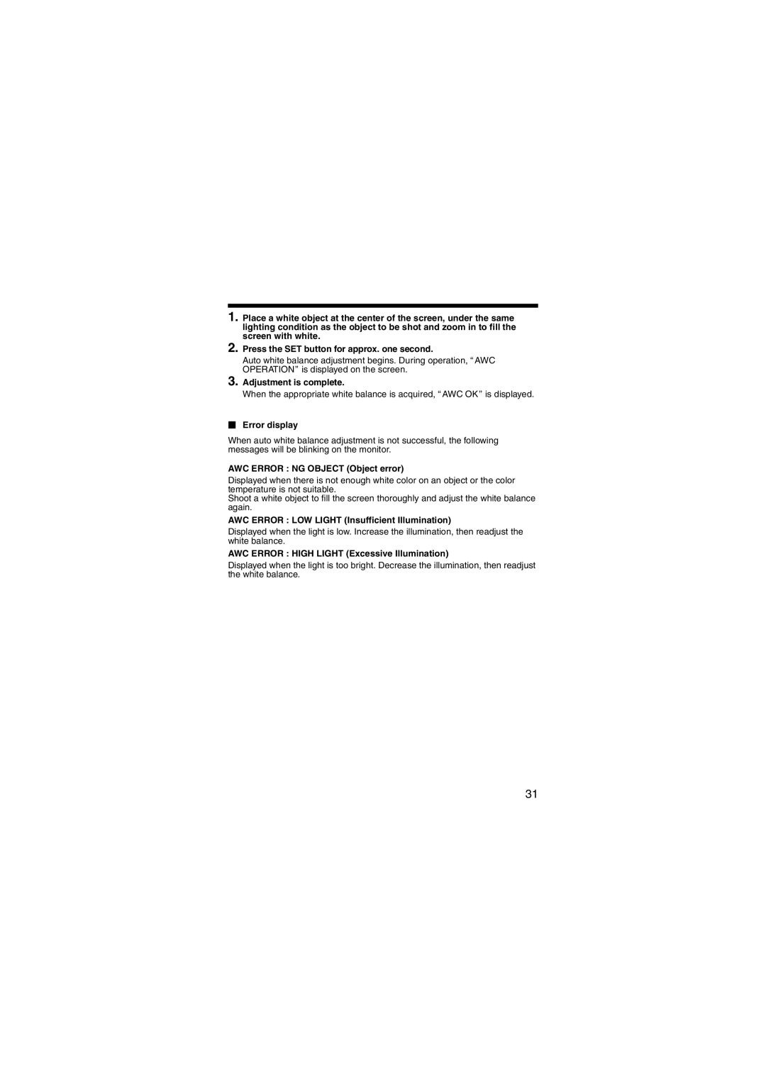 JVC LST0450-001B Adjustment is complete, AWC Error NG Object Object error, AWC Error LOW Light Insufficient Illumination 