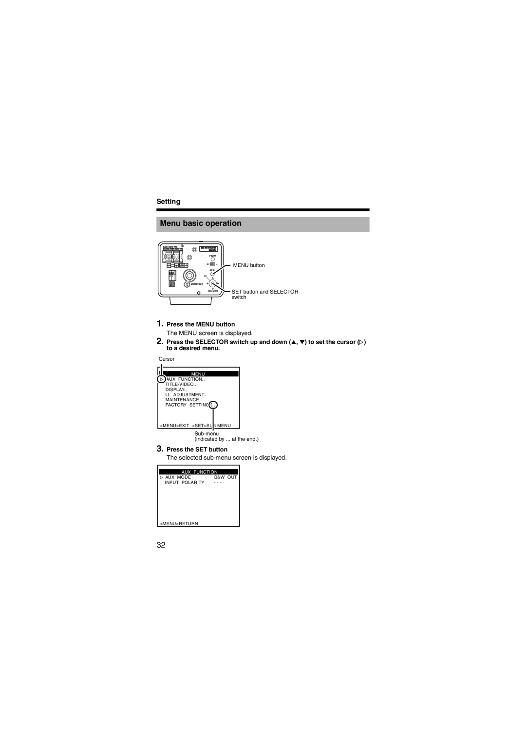 JVC LST0450-001B manual Menu basic operation, Setting, Press the Menu button, Press the SET button 