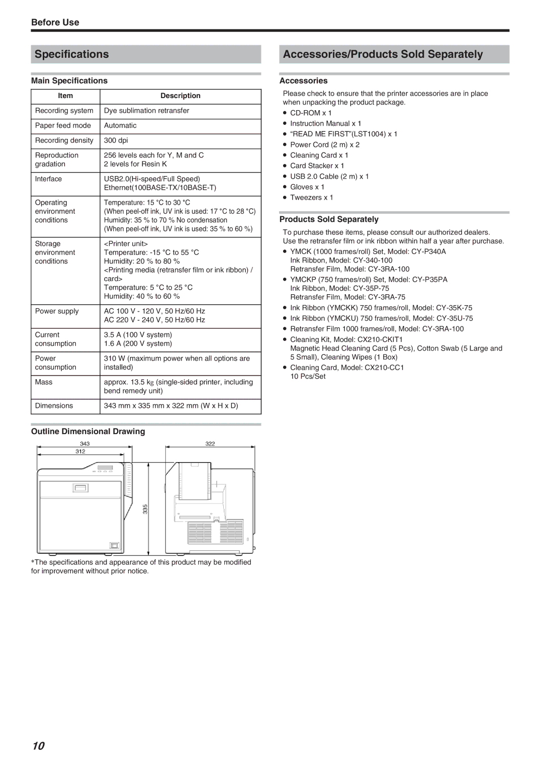 JVC LST1006-002A Specifications Accessories/Products Sold Separately, Main Specifications, Outline Dimensional Drawing 