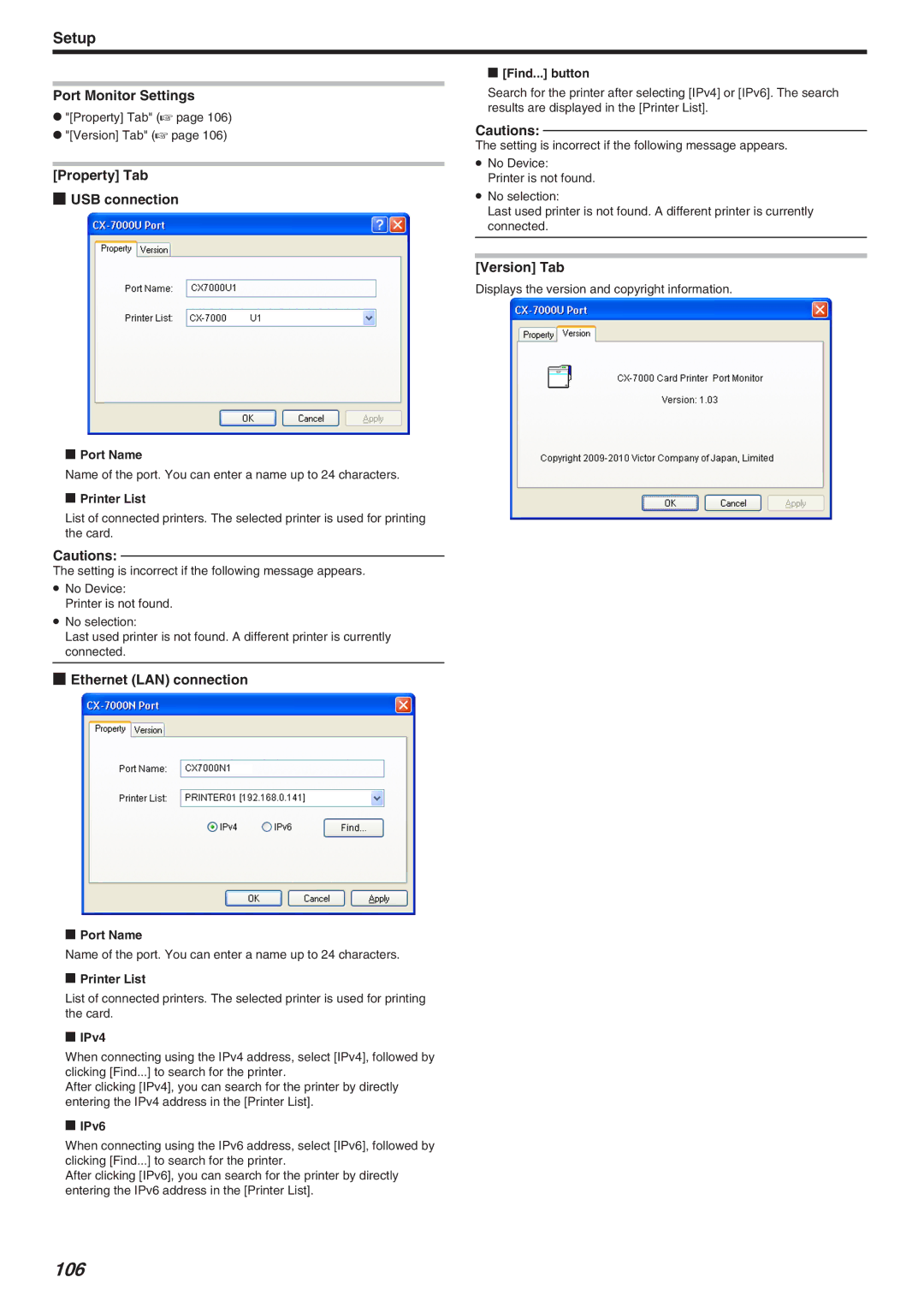 JVC LST1006-002A, CX-7000 Series manual 106, Port Monitor Settings, Property Tab USB connection 