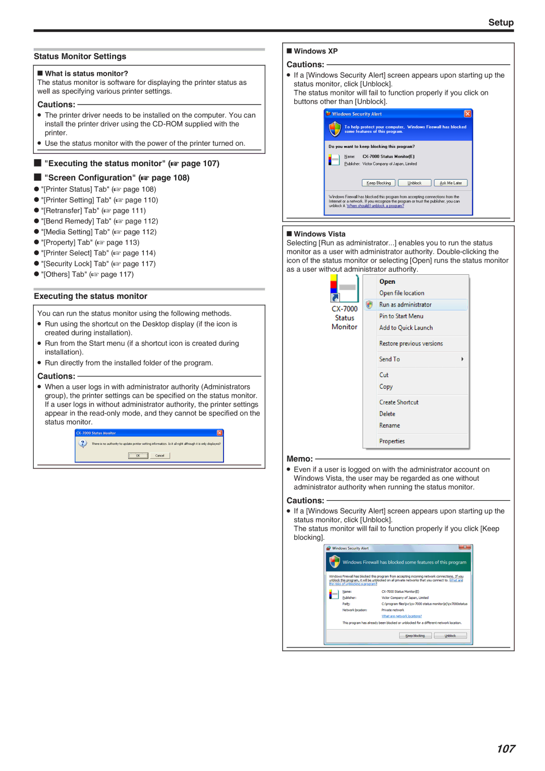 JVC CX-7000 Series, LST1006-002A manual 107, Status Monitor Settings, Executing the status monitor a Screen Configuration a 