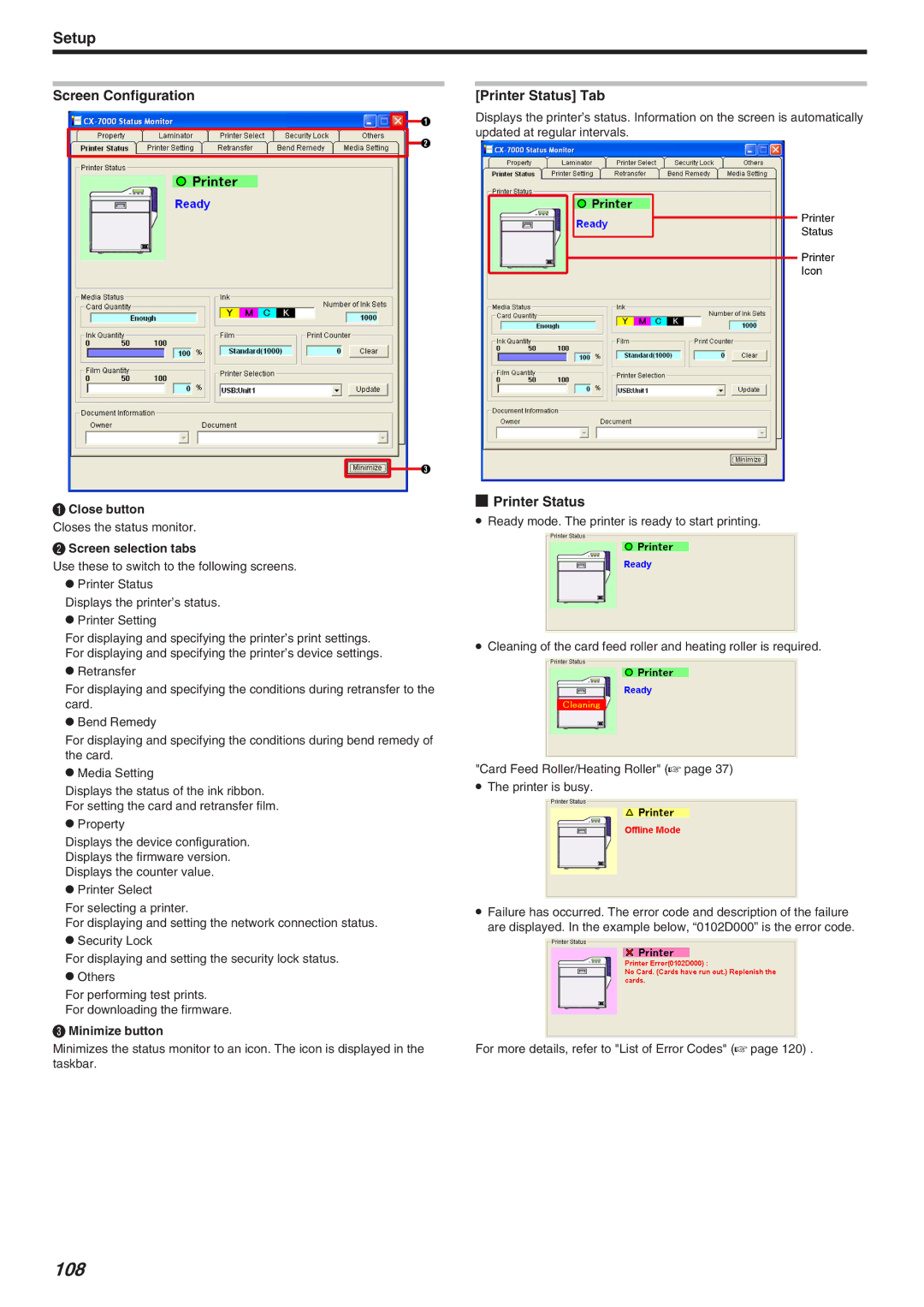 JVC LST1006-002A, CX-7000 Series manual 108, Screen Configuration, Printer Status Tab 