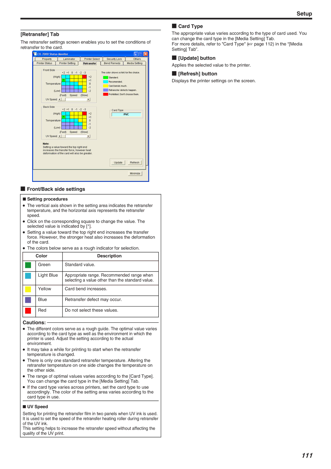 JVC CX-7000 Series, LST1006-002A manual 111, Retransfer Tab, Front/Back side settings, Card Type 