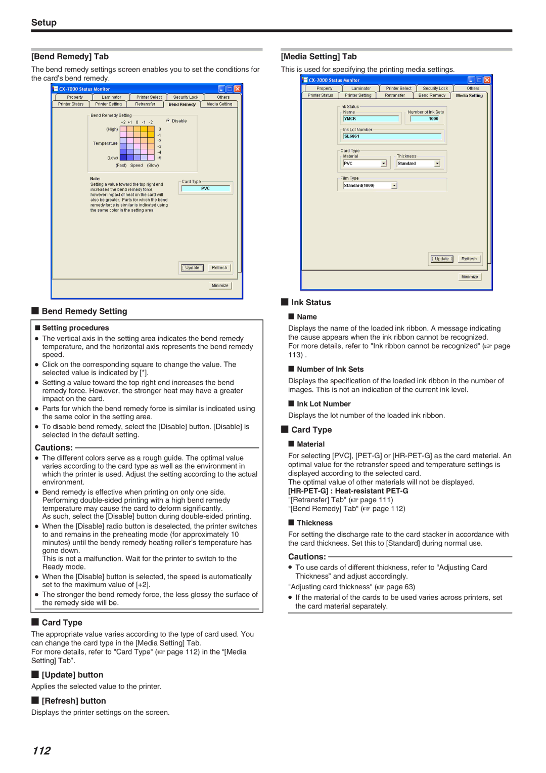 JVC LST1006-002A, CX-7000 Series manual 112, Bend Remedy Tab, Bend Remedy Setting, Media Setting Tab, Ink Status 