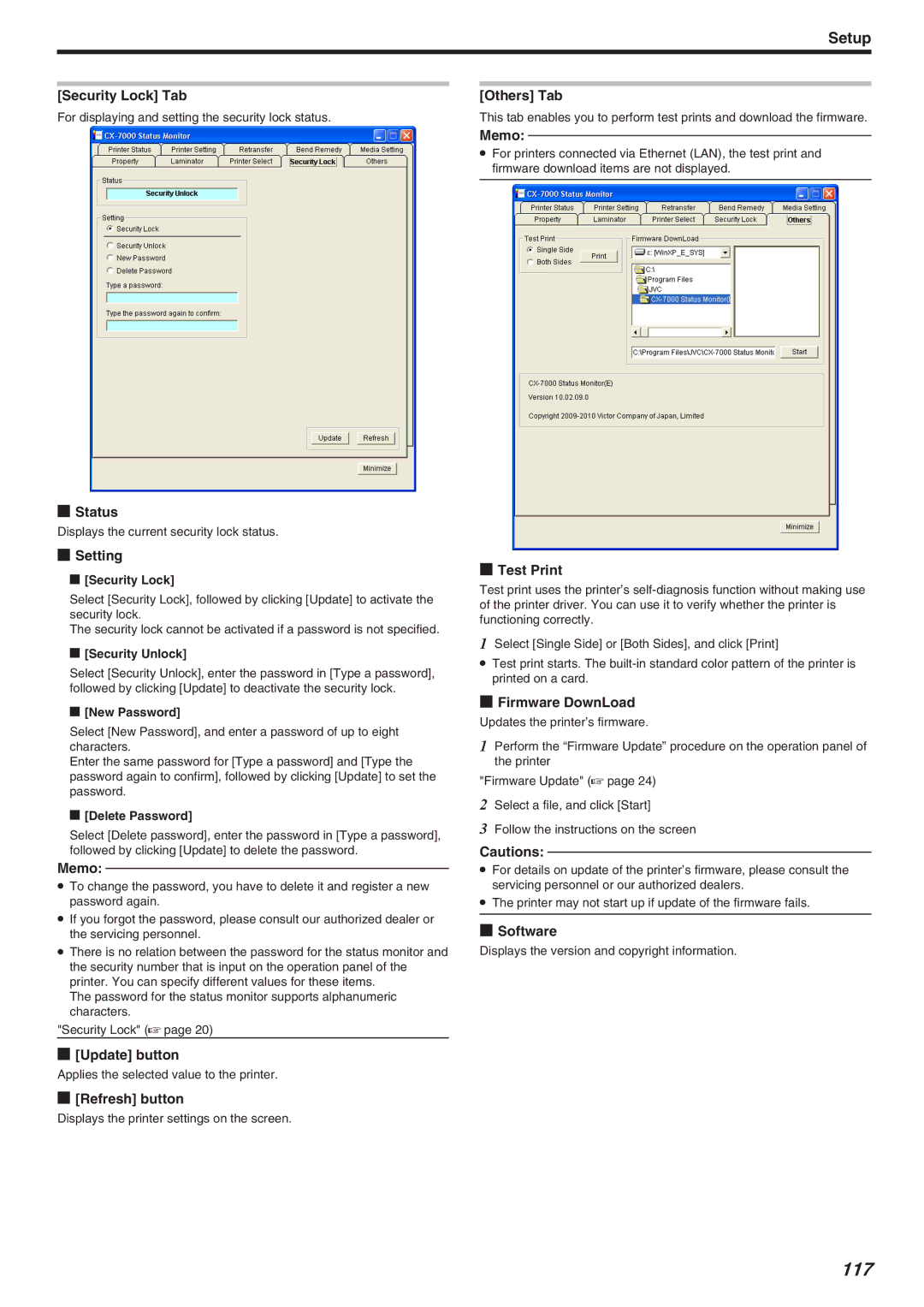 JVC CX-7000 Series, LST1006-002A manual 117, Security Lock Tab, Status, Others Tab, Firmware DownLoad 