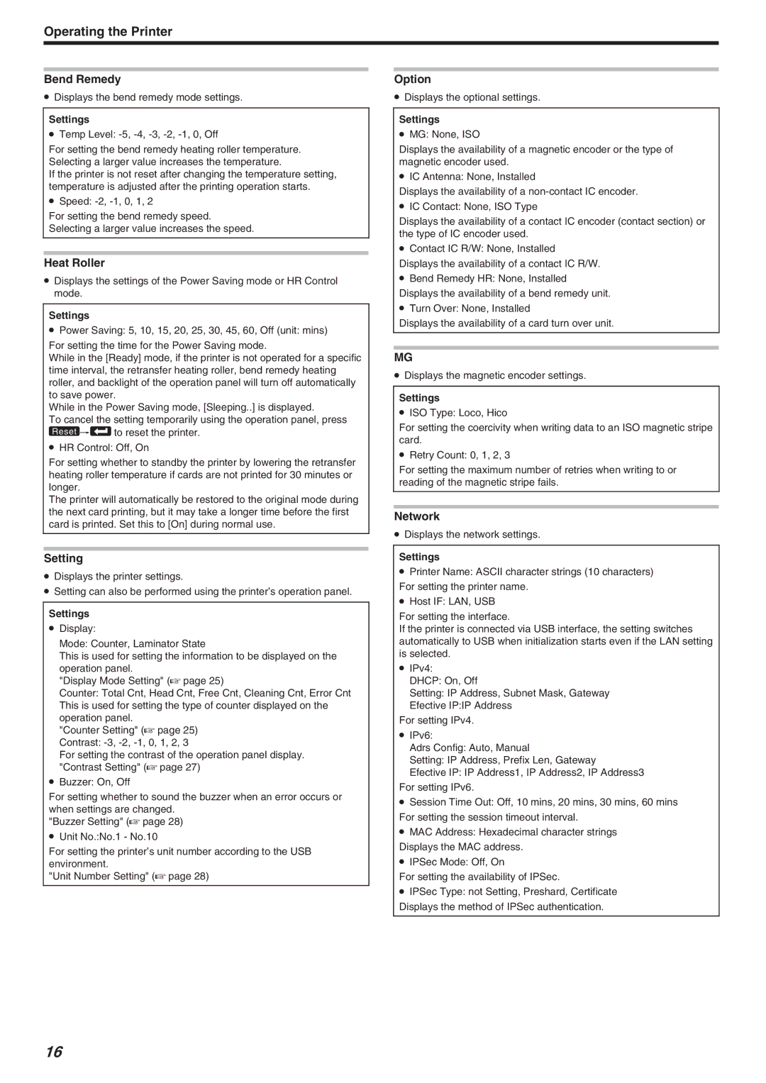 JVC LST1006-002A, CX-7000 Series manual Bend Remedy, Heat Roller, Setting, Option, Network 