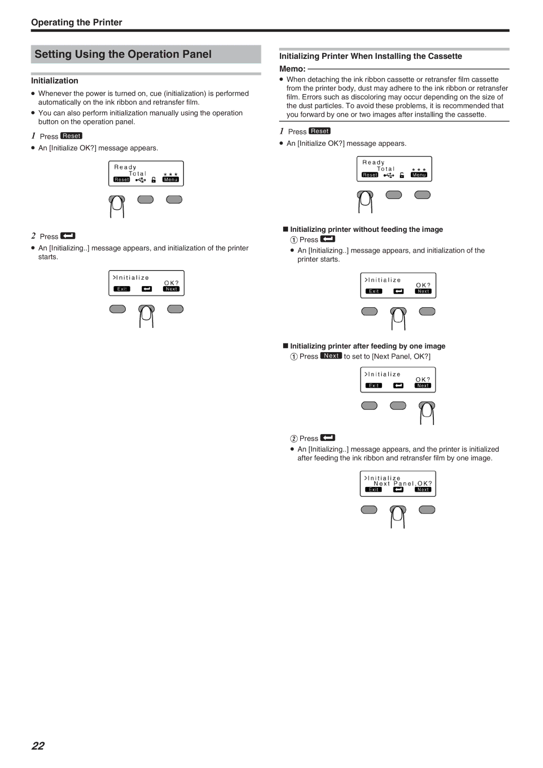 JVC LST1006-002A Setting Using the Operation Panel, Initialization, Initializing Printer When Installing the Cassette Memo 